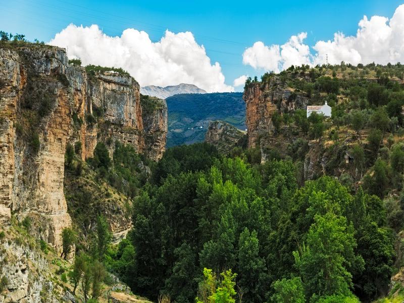 Dramatic limestone cliffs and pine forest at the Alhama gorge, Granada — explore Andalucía's canyons with Andaluciatours.