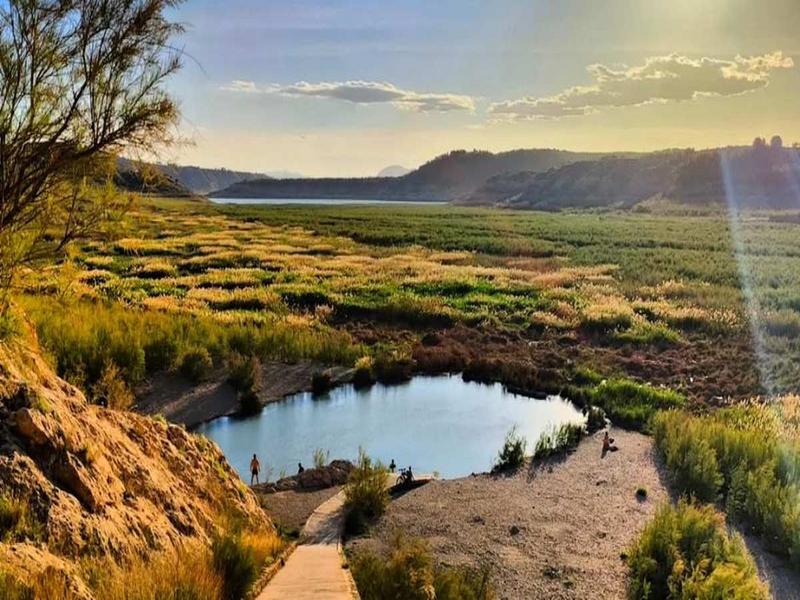 Golden light over a reed-fringed wetland in the Baza highlands, Granada — discover its wild landscapes with Andaluciatours.