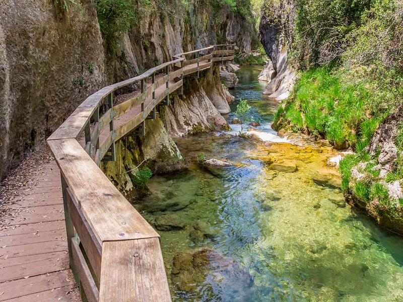 A wooden walkway hugging a limestone gorge above a crystal-clear river in Jaén — hike it with Andaluciatours.