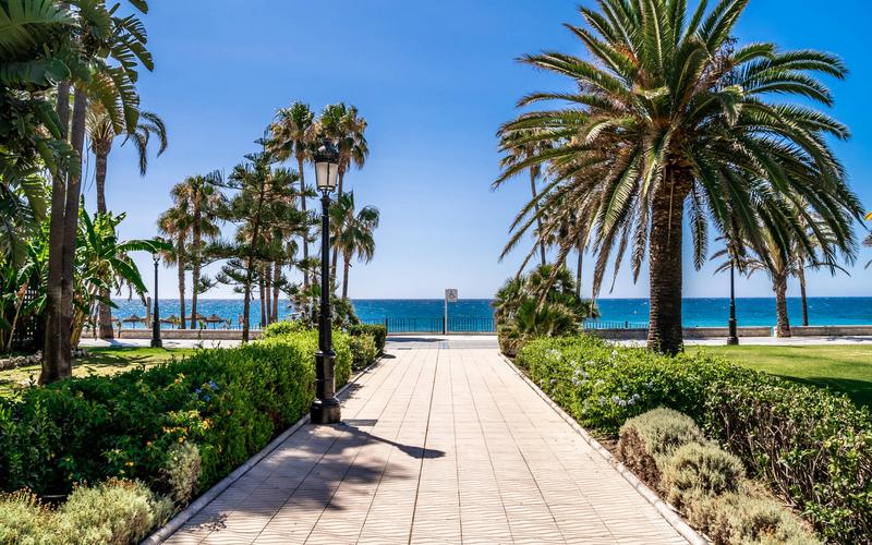 Palm trees, ocean view, pathway – Playa de San Pedro de Alcántara, Costa del Sol, Málaga | Andaluciatours