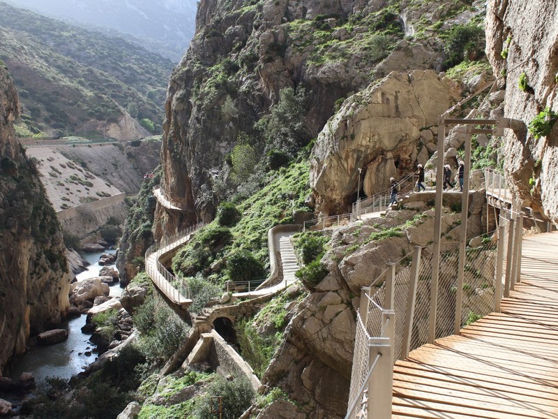 Wooden walkway of the Caminito del Rey clinging to the cliffs of the Gaitanes gorge near Málaga, Spain